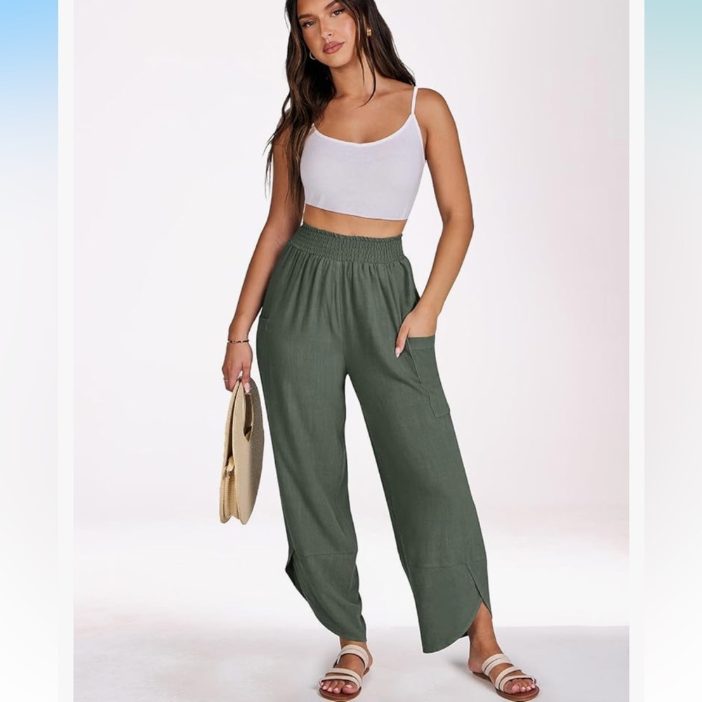 Wide Leg Smocked Waist Pants in Olive Green